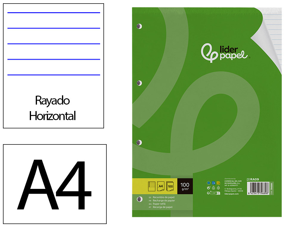 LIDERPAPEL - RECAMBIO A4 100 HOJAS 100 G/M2 RAYADO HORIZONTAL CON MARGEN 4 TALADROS (Ref.RA09)