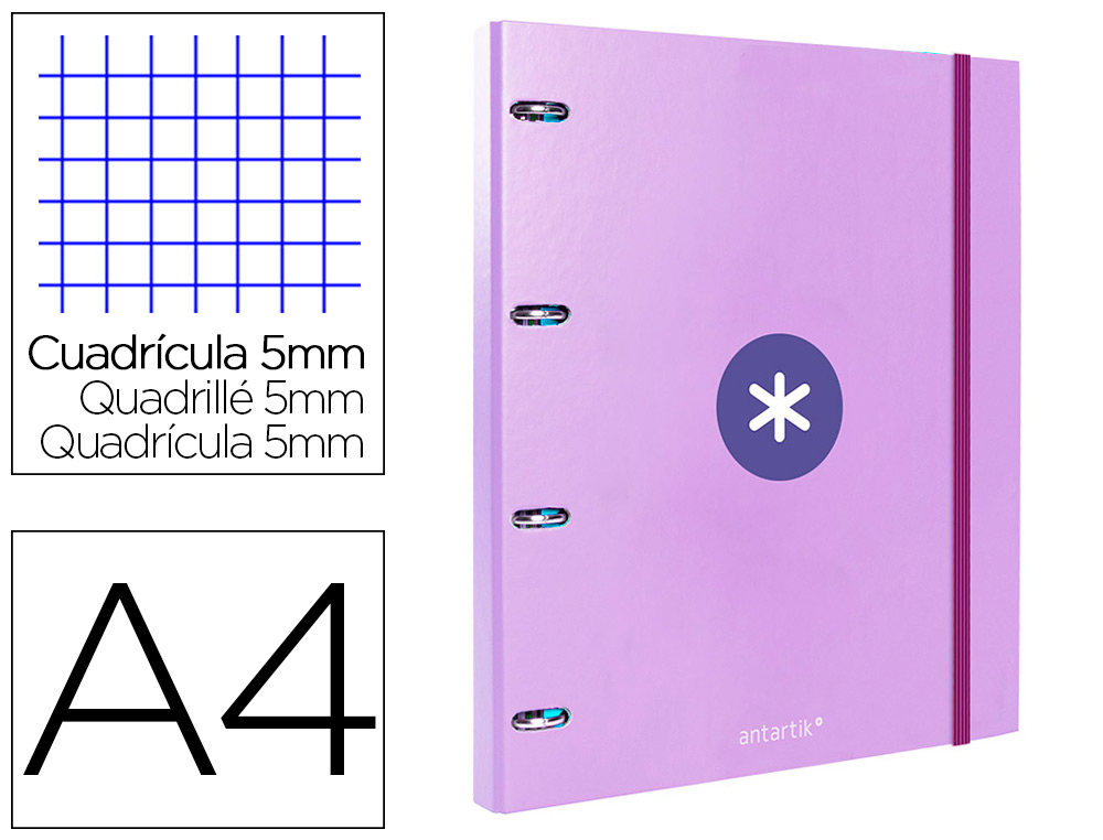 ANTARTIK - Carpeta con recambio liderpapel A4 cuadro 5mm forrada 4 anillas 25mm color lavanda (Ref. AW61)