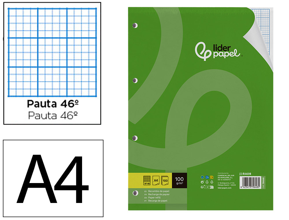 LIDERPAPEL - RECAMBIO A4 100 HOJAS 100 G/M2 RAYADO Nº 46 4 TALADROS (Ref.RA08)