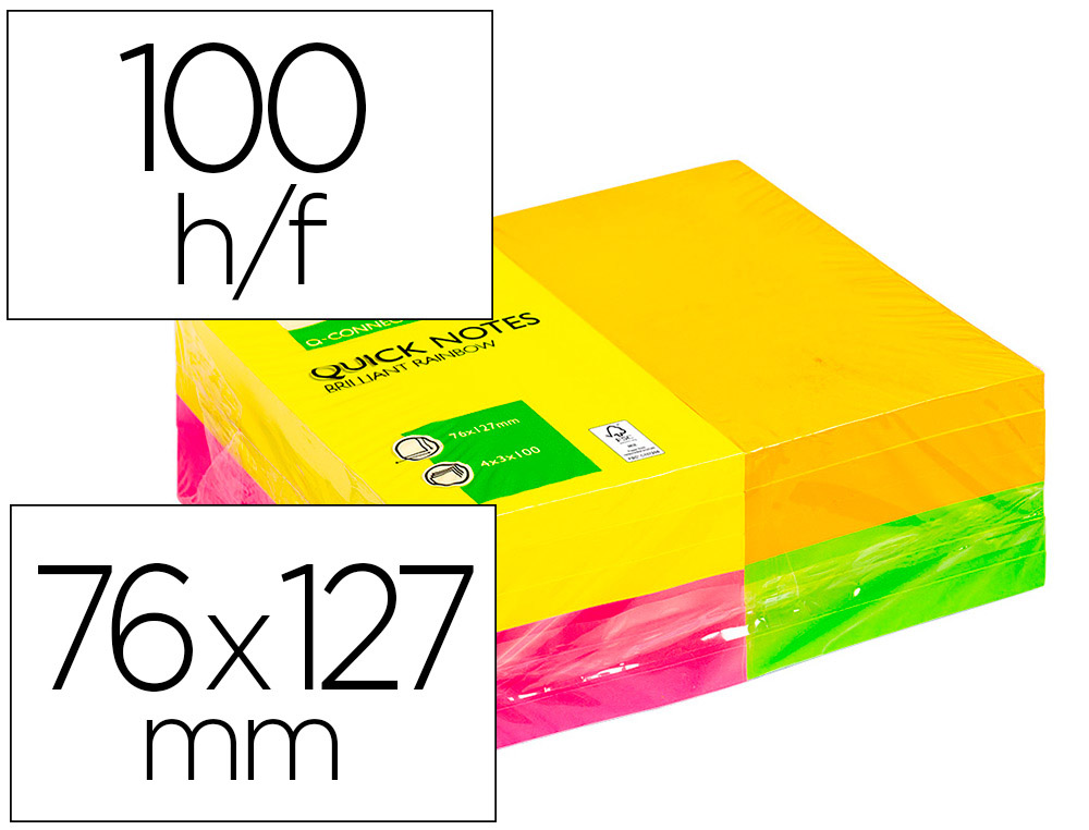 Q-CONNECT - BLOC DE NOTAS ADHESIVAS QUITA Y PON 125X75 MM CON 80 HOJAS FLUORESCENTES PACK DE 12 -SURTIDAS EN 4 COLORES (Ref.KF01350)