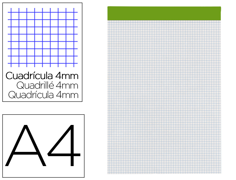 LIDERPAPEL - BLOC NOTAS CUADRO 4 MM A4 80 HOJAS 60 G/M2 PERFORADO SIN TAPA (Ref.BN21)