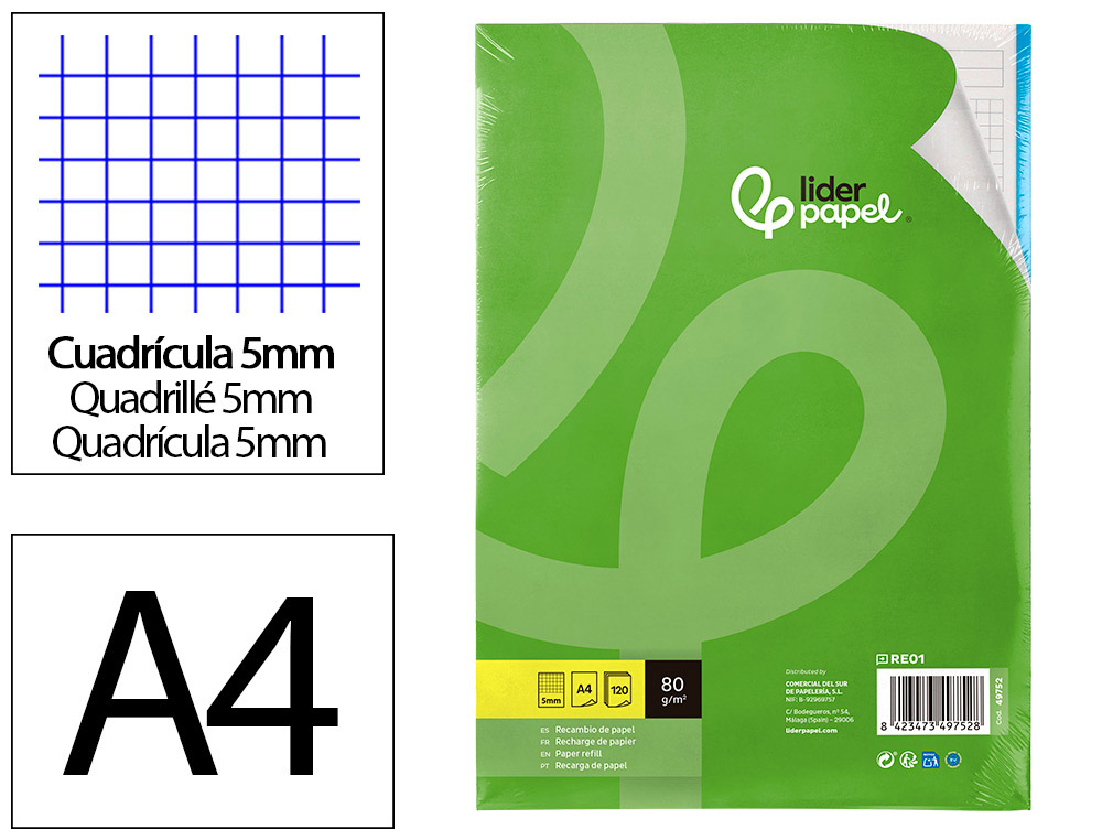 LIDERPAPEL - RECAMBIO A4 120 HOJAS 80G/M2 CUADRO 5MM SIN MARGEN 4 TALADROS BANDAS DE 5 COLORES (Ref.RE01)