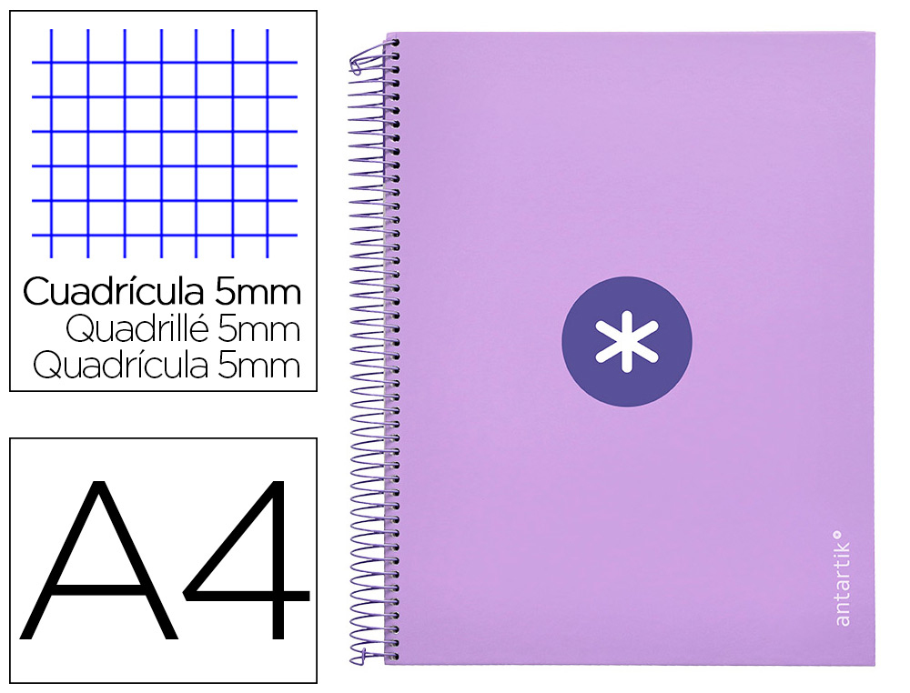 ANTARTIK - Cuaderno espiral liderpapel A4 micro tapa forrada120h 100 gr cuadro 5mm 5 bandA4 taladros color lavanda (Ref. BA73)