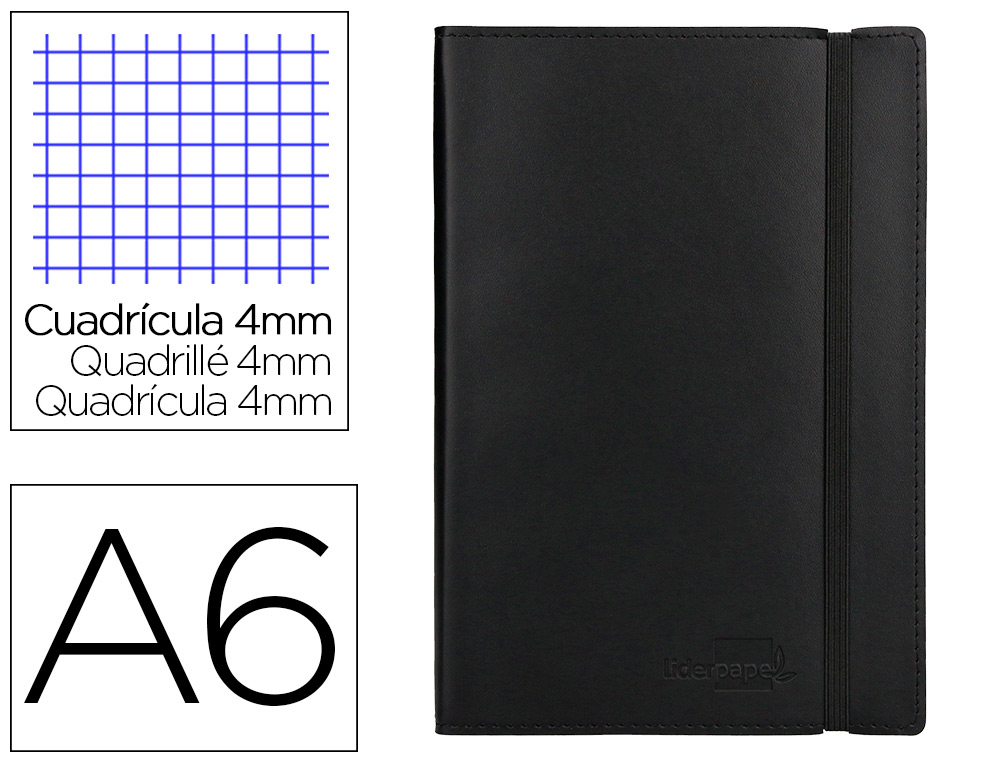 LIDERPAPEL - LIBRETA SIMIL PIEL A6 120 HOJAS 70G/M2 CUADRO 4MM SIN MARGEN NEGRO (Ref.LD02)