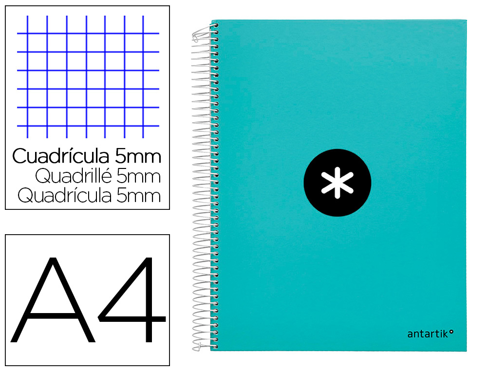 ANTARTIK - Cuaderno espiral liderpapel A4 micro tapa forrada120h 100 gr cuadro 5mm 5 bandA4 taladros color menta (Ref. KD86)