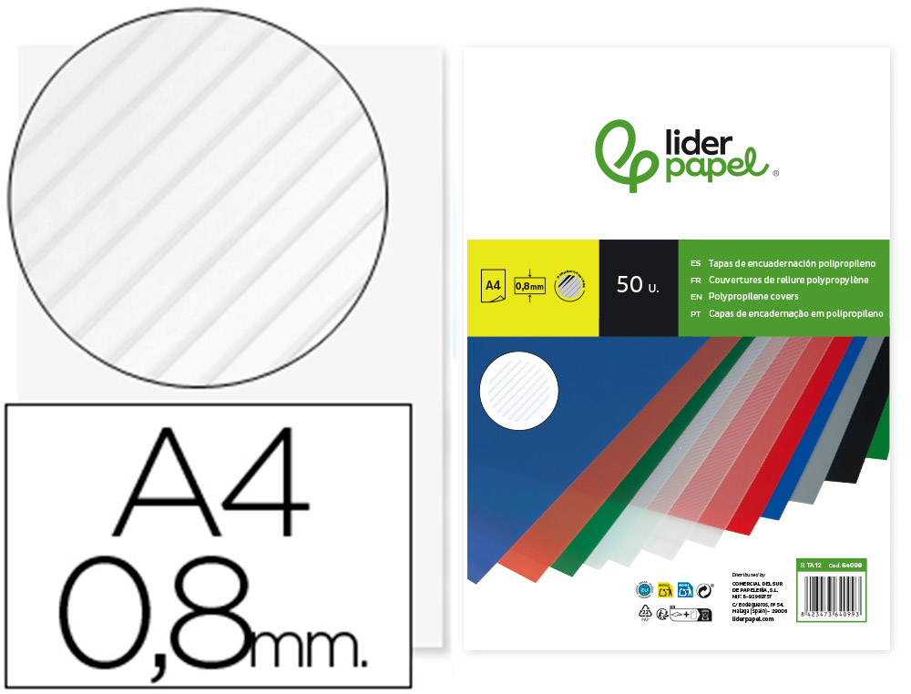 LIDERPAPEL - TAPA ENCUADERNACION POLIPROPILENO ONDULADO A4 0.8 MM TRANSPARENTE PAQUETE DE 50 UDS (Ref.TA12)