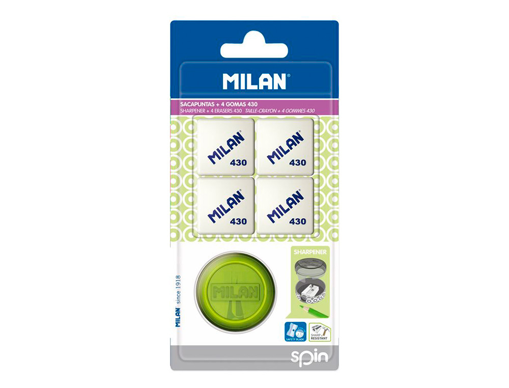MILAN - Sacapuntas/Afilalapices spin plastico 1 uso + 4 gomas 430 (Ref. BYM10227)