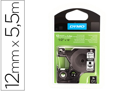 DYMO - Etiquetas D1 Poliester permanente 12mm 7m Negro/Blanco Con adhesivo permanente (Ref.S0718060)