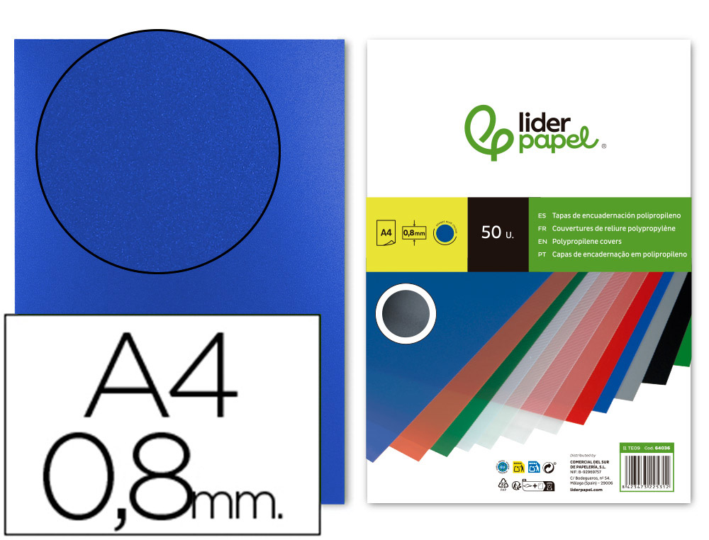 LIDERPAPEL - TAPA ENCUADERNACION POLIPROPILENO A4 0.8MM AZUL PAQUETE DE 50 UNIDADES (Ref.TE09)