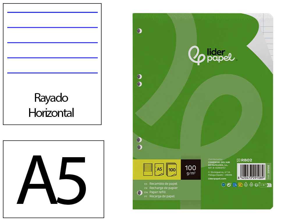 LIDERPAPEL - RECAMBIO A5 100 HOJAS 100G/M2 HORIZONTAL CON MARGEN 6 TALADROS (Ref.RB02)