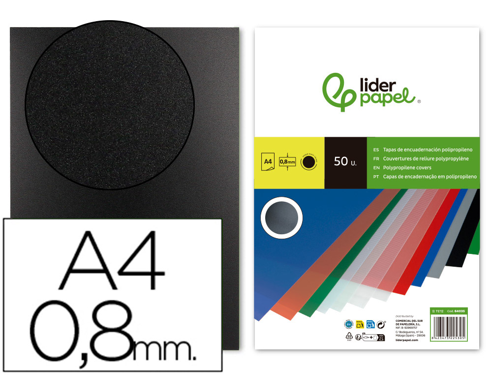 LIDERPAPEL - TAPA ENCUADERNACION POLIPROPILENO A4 0.8MM NEGRA PAQUETE DE 50 UNIDADES (Ref.TE12)