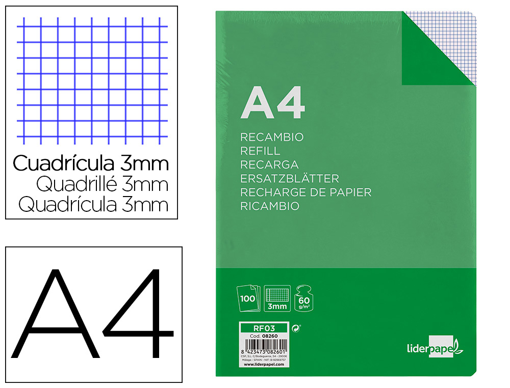 LIDERPAPEL - RECAMBIO FOLIO 100 H 4TF-06 CUADRO 3 MM 4 TALADROS CON MARGEN (Ref.RF03)