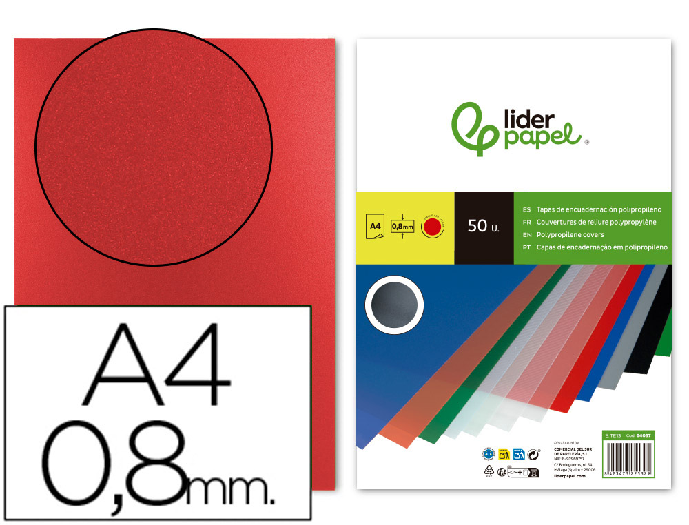 LIDERPAPEL - TAPA ENCUADERNACION POLIPROPILENO A4 0.8MM ROJA PAQUETE DE 50 UNIDADES (Ref.TE13)