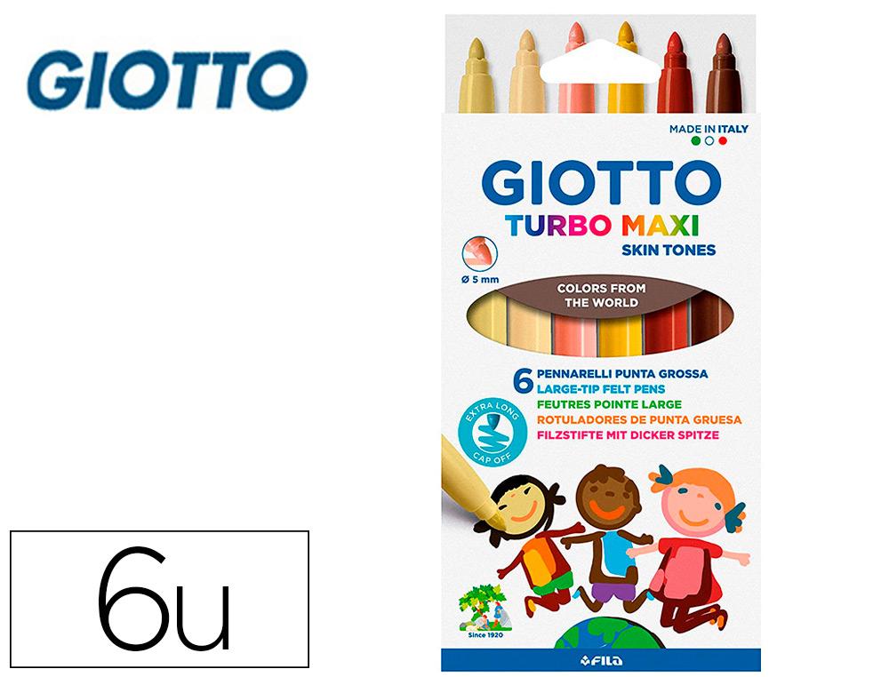 GIOTTO - Rotulador turbo maxi skin tones lavable punta bloqueada caja de 6 colores surtidos (Ref. F527000)
