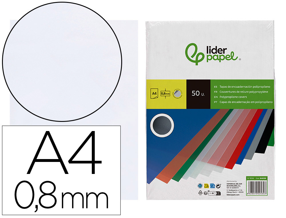 LIDERPAPEL - TAPA ENCUADERNACION POLIPROPILENO A4 0.8MM TRANSPARENTE PAQUETE DE 50 UNIDADES (Ref.TE16)