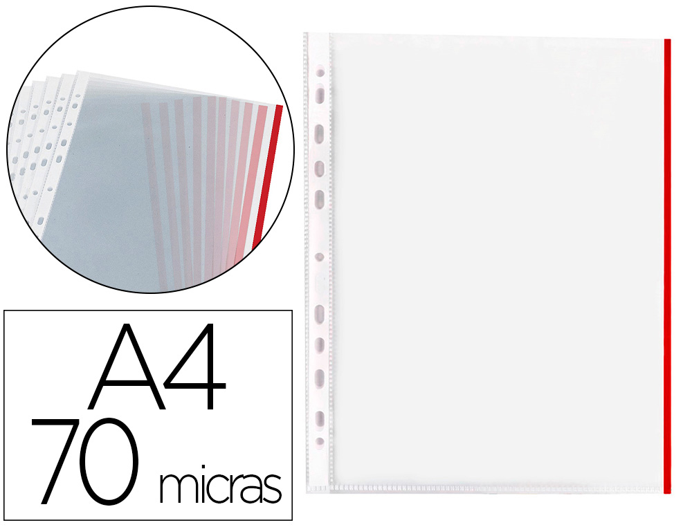 Q-CONNECT - FUNDA MULTITALADRO DIN A4 70 MICRAS PP CRISTAL CON BORDE ROJO BOLSA DE 10 UDS (Ref.KF18051)