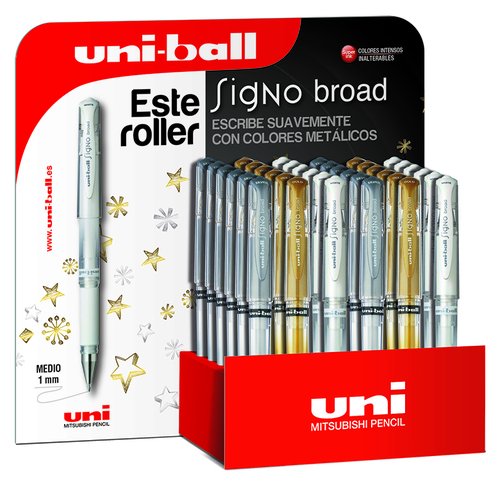 UNI-BALL - ROLLER GEL SIGNO BROAD 1,0 (UM-153) EXPOSITOR de 36
12x UM1531300 ORO
12x UM1531200 PLATA
12x UM1531400 BLANCO (Ref.182634397)