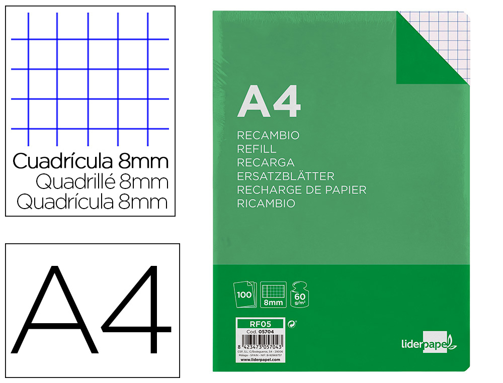 LIDERPAPEL - RECAMBIO FOLIO 100 H 4TF-08 CUADRO 8 MM 4 TALADROS CON MARGEN (Ref.RF05)