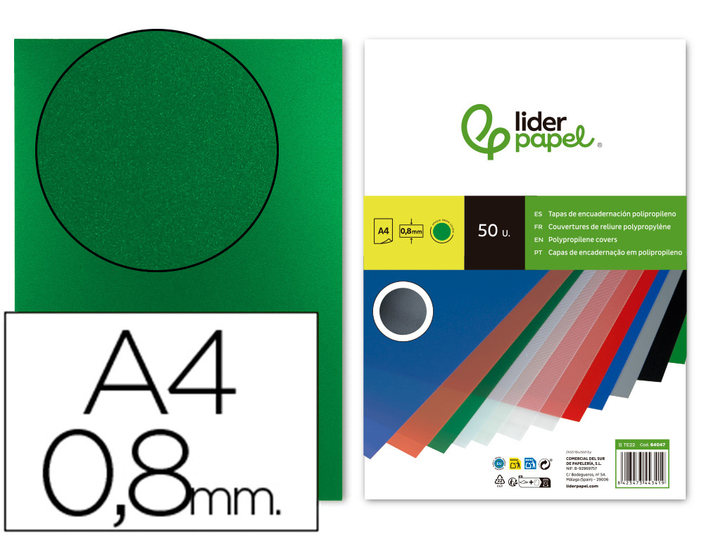 LIDERPAPEL - TAPA ENCUADERNACION POLIPROPILENO A4 0.8MM VERDE PAQUETE DE 50 UNIDADES (Ref.TE22)