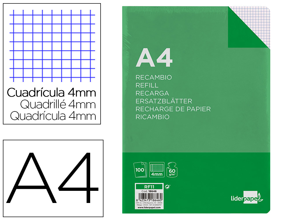 LIDERPAPEL - RECAMBIO FOLIO 100 HOJAS 60G/M2 CUADRO 4MM CON MARGEN 16 TALADROS (Ref.RF11)
