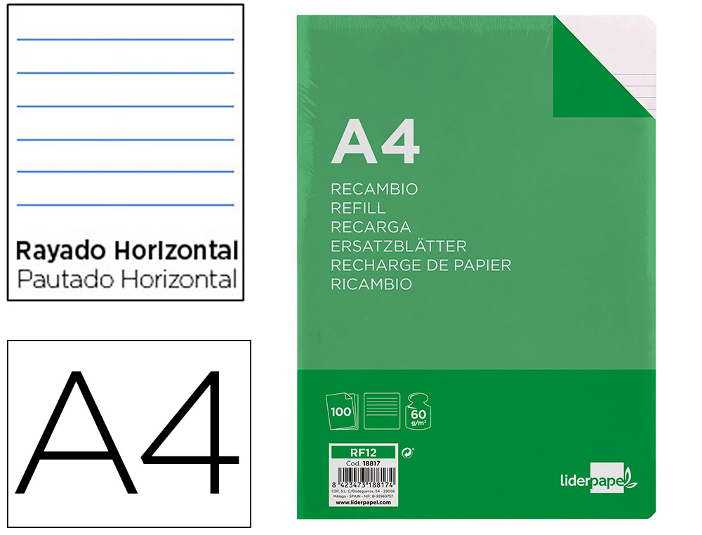 LIDERPAPEL - RECAMBIO FOLIO 100 HOJAS 60G/M2 HORIZONTAL SIN MARGEN 16 TALADROS (Ref.RF12)