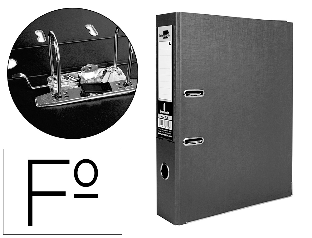 LIDERPAPEL - ARCHIVADOR DE PALANCA FOLIO DOCUMENTA FORRADO PVC CON RADO LOMO 75MM NEGRO COMPRESOR METALICO (Ref.AZ32)
