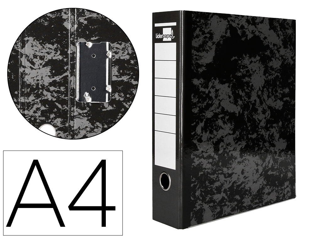 LIDERPAPEL - Archivador de palanca carton forrado din A4 jaspeado negro sin caja mecanismo palanca desmontado (Ref. AZ47)