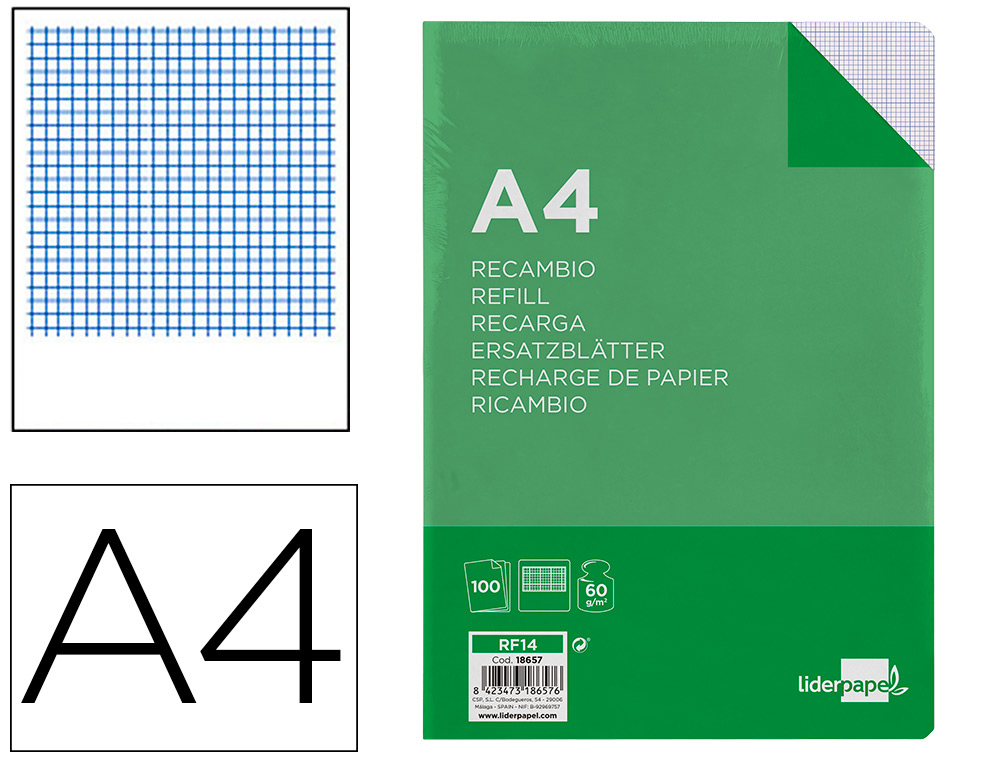 LIDERPAPEL - RECAMBIO FOLIO 100 HOJAS 60G/M2 MILIMETRADO SIN MARGEN 16 TALADROS (Ref.RF14)