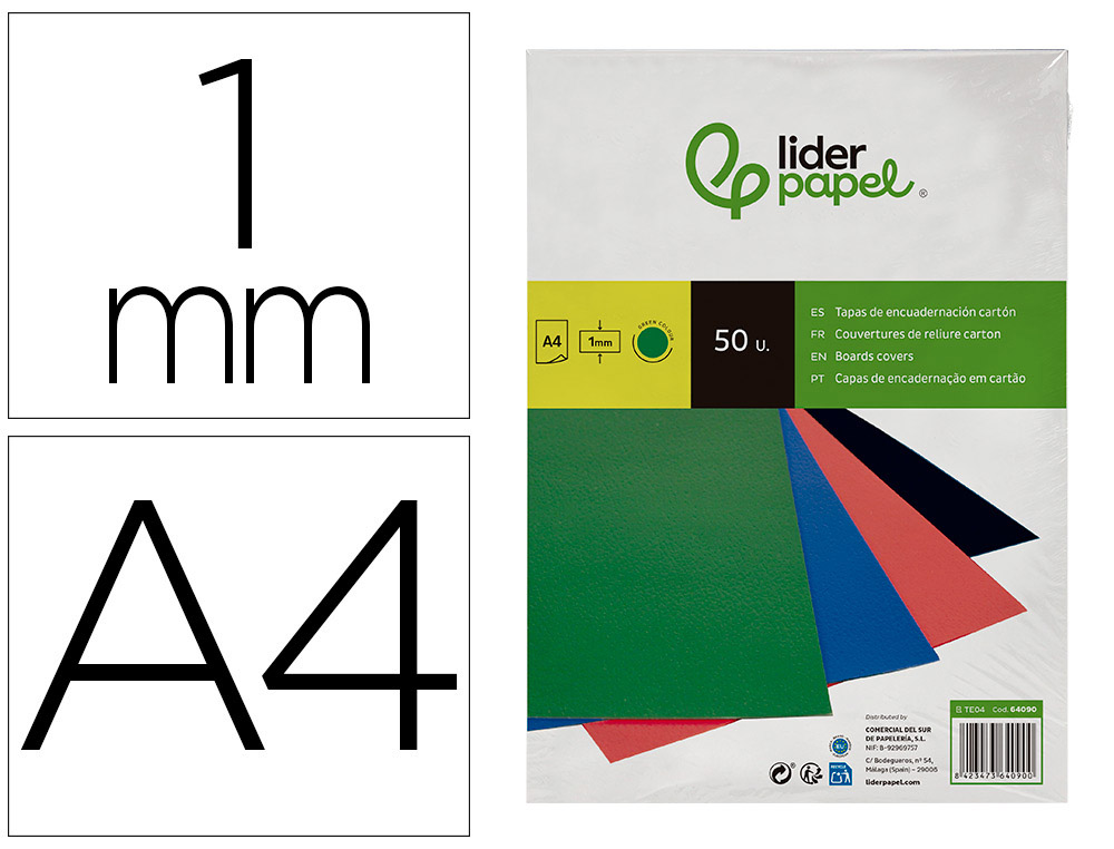 LIDERPAPEL - TAPA ENCUADERNACION Cartón A4 1MM VERDE PAQUETE DE 50 UNIDADES (Ref.TE04)