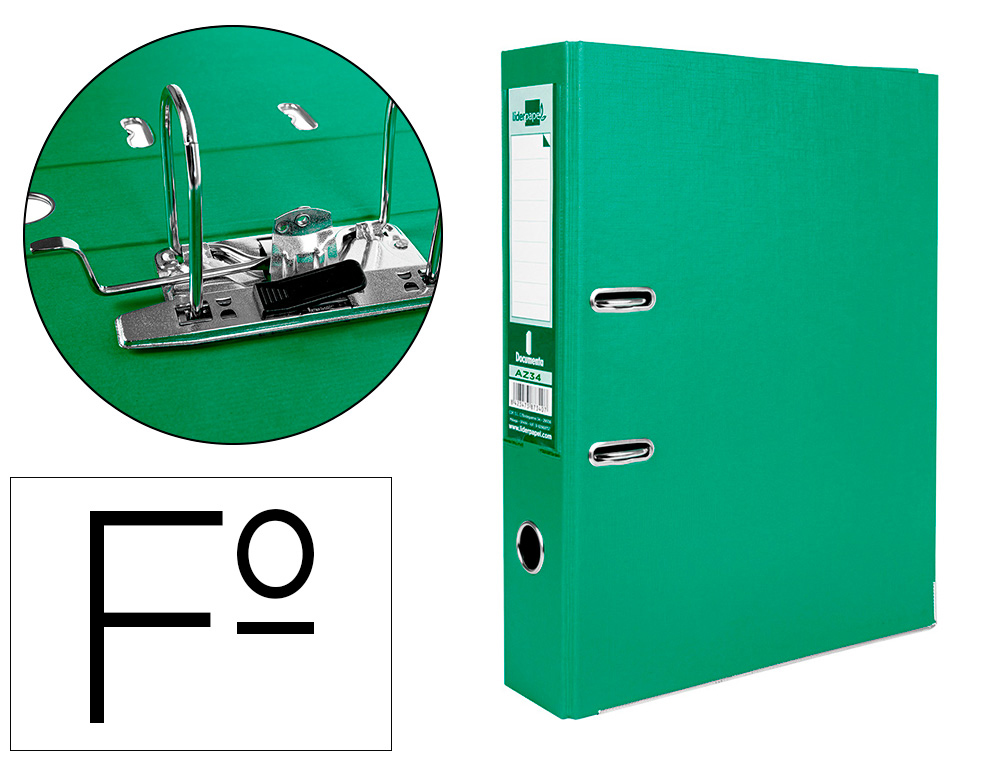 LIDERPAPEL - ARCHIVADOR DE PALANCA FOLIO DOCUMENTA FORRADO PVC CON RADO LOMO 75MM VERDE COMPRESOR METALICO (Ref.AZ34)