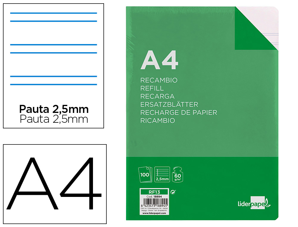 LIDERPAPEL - RECAMBIO FOLIO 100 HOJAS 60G/M2 PAUTA 5ª 2.5MM CON MARGEN 16 TALADROS (Ref.RF13)