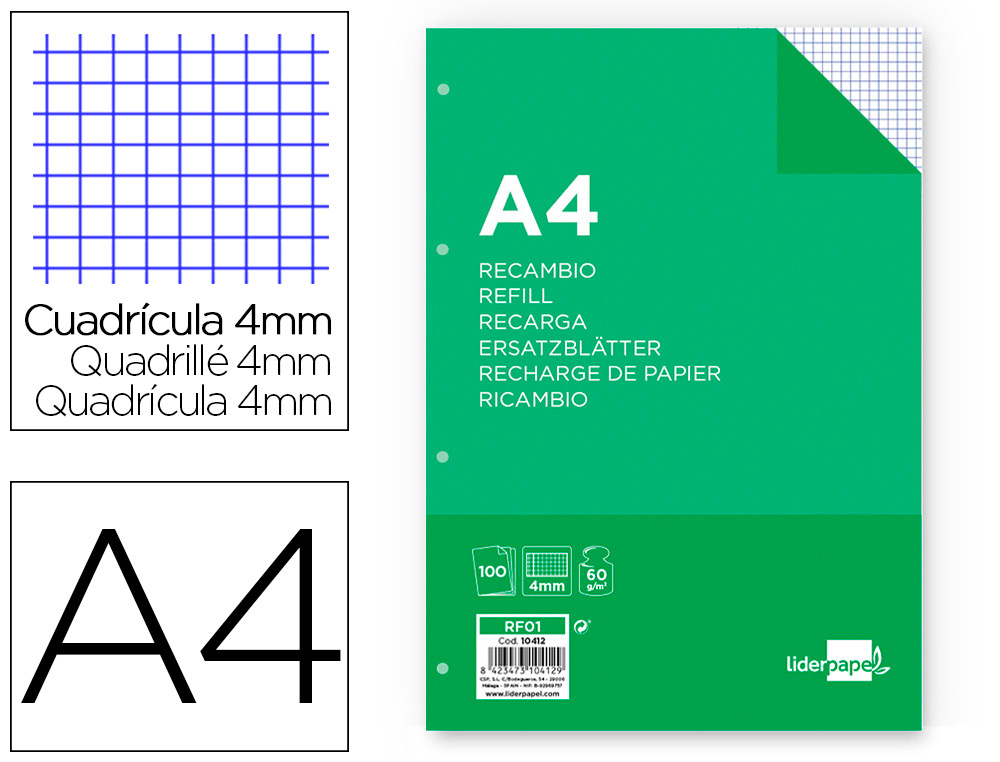 LIDERPAPEL - RECAMBIO FOLIO 100 HOJAS 60G/M2CUADRO 4MM CON MARGEN 4 TALADROS (Ref.RF01)