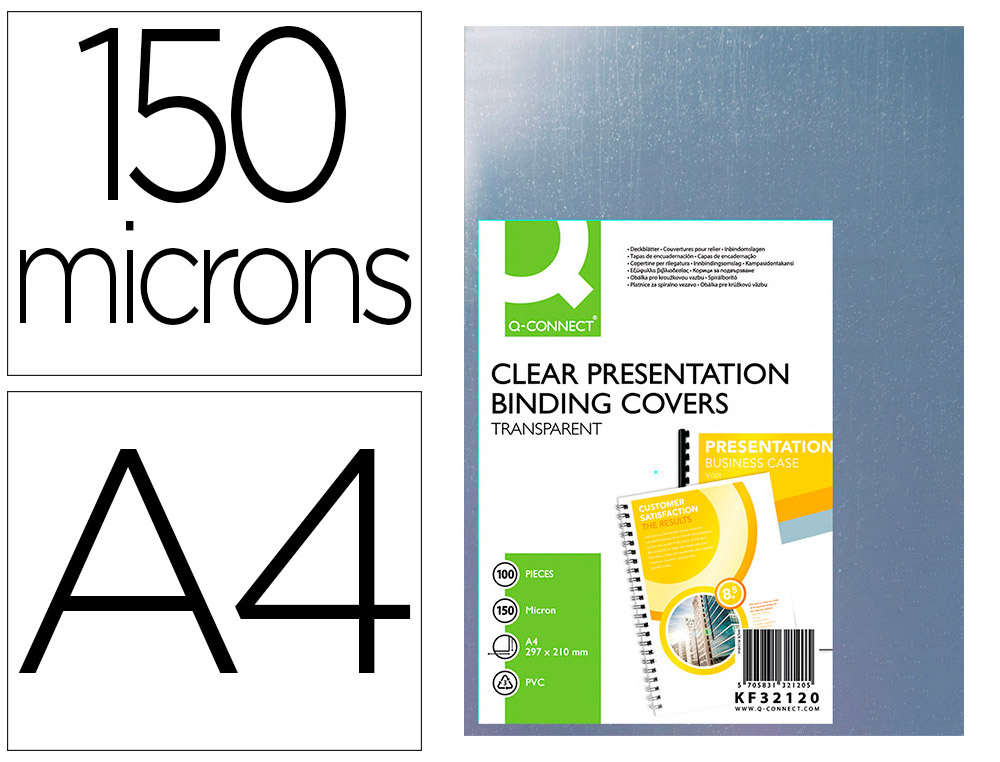 Q-CONNECT - TAPA DE ENCUADERNACION PVC DIN A4 INCOLORA 150 MC CAJA DE 100 UNIDADES (Ref.KF32120)