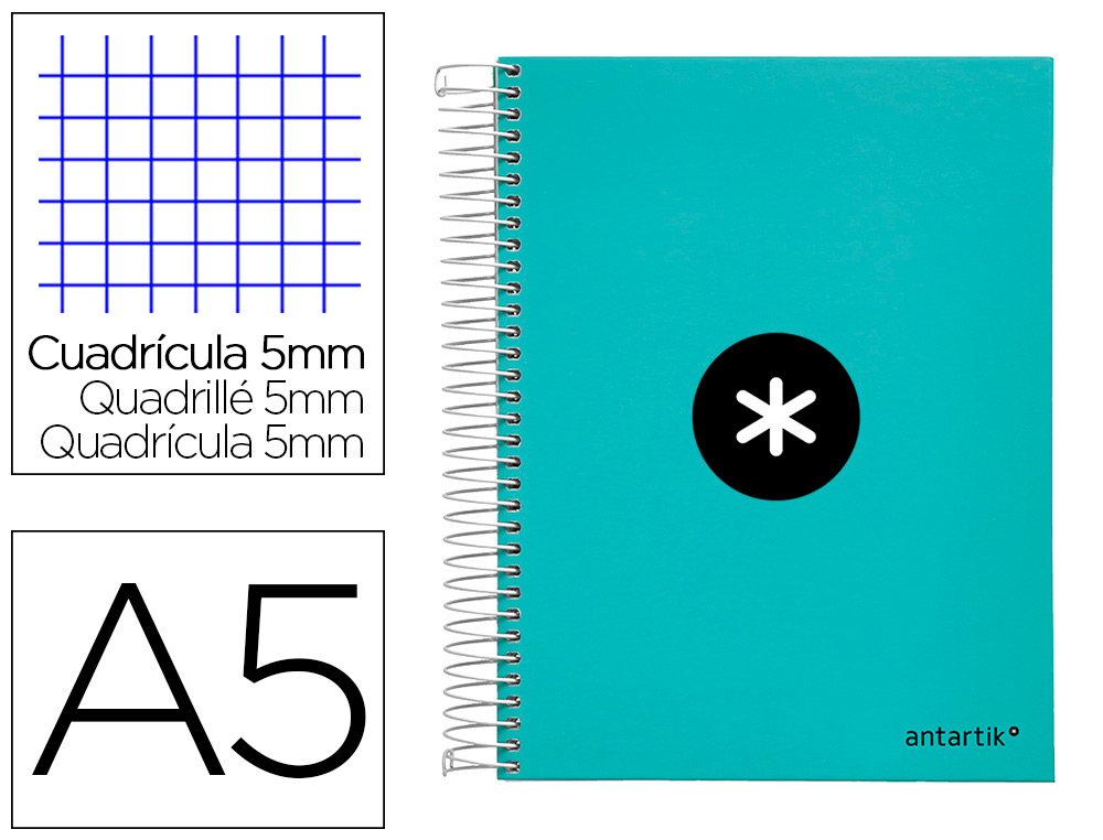 ANTARTIK - Cuaderno espiral liderpapel a5 micro tapa forrada120h 100 gr cuadro 5 mm 5 band6 taladros color menta (Ref. KD90)
