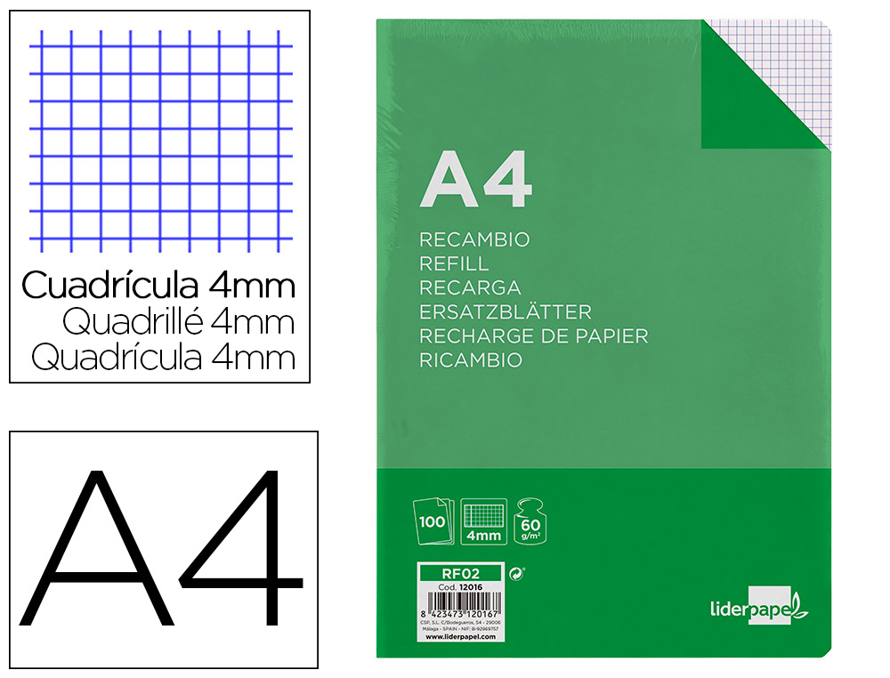 LIDERPAPEL - RECAMBIO FOLIO 100 HOJAS 60G/M2CUADRO 4MM CON MARGEN SIN TALADROS (Ref.RF02)
