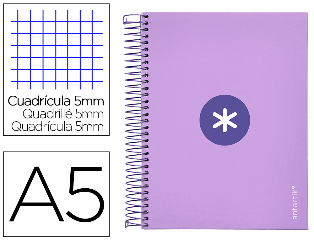 ANTARTIK - Cuaderno espiral liderpapel a5 micro tapa forrada120h 100 gr cuadro 5mm 5 banda6 taladros color lavanda (Ref. BA77)