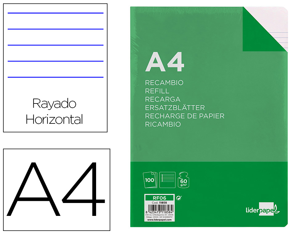 LIDERPAPEL - RECAMBIO FOLIO 100 HOJAS 60G/M2HORIZONTAL CON MARGEN 4 TALADROS (Ref.RF06)