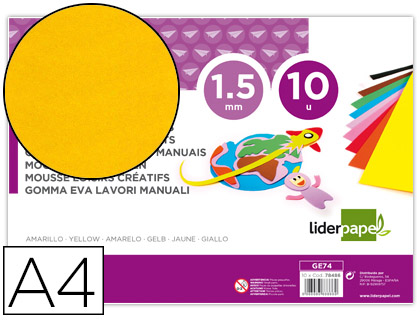 LIDERPAPEL - GOMA EVA DIN A4 60G/M2 ESPESOR 1,5MM AMARILLO PAQUETE DE 10 HOJAS (Ref.GE74)