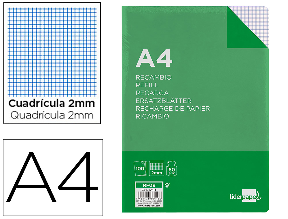 LIDERPAPEL - RECAMBIO FOLIO 100 HOJAS 60G/M2MILIMETRADO SIN MARGEN 4 TALADROS (Ref.RF09)