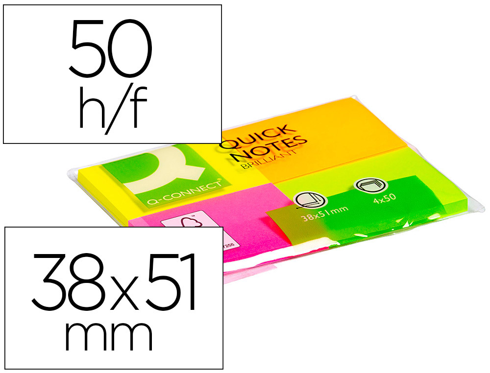 Q-CONNECT - BLOC DE NOTAS ADHESIVAS QUITA Y PON 40X50 MM CON 50 HOJAS FLUORESCENTES PACK DE 4 UNIDADES (Ref.KF10510)