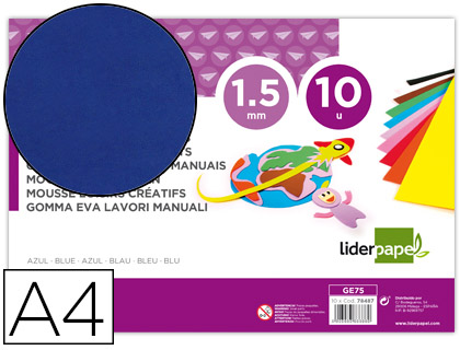LIDERPAPEL - GOMA EVA DIN A4 60G/M2 ESPESOR 1,5MM AZUL PAQUETE DE 10 HOJAS (Ref.GE75)