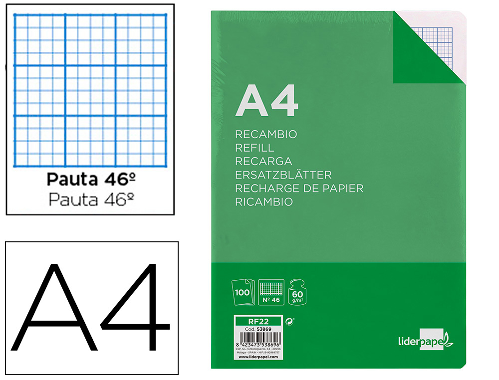 LIDERPAPEL - RECAMBIO FOLIO 100 HOJAS 60G/M2RAYADO Nº46 4 TALADROS (Ref.RF22)