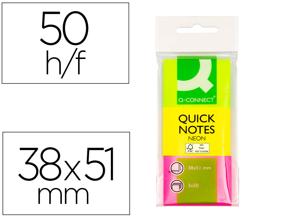 Q-CONNECT - BLOC DE NOTAS ADHESIVAS QUITA Y PON 40X50 MM FLUORESCENTES PACK DE 3 CON 50 HOJAS (Ref.KF01224)