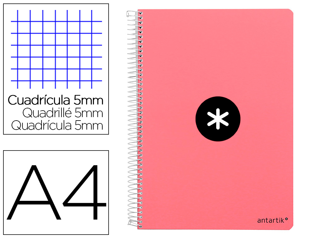 ANTARTIK - Cuaderno espiral liderpapel A4 micro tapa dura 80 h 100 gr cuadro 5mm sin bandas 4 taladros color coral (Ref. KB02)