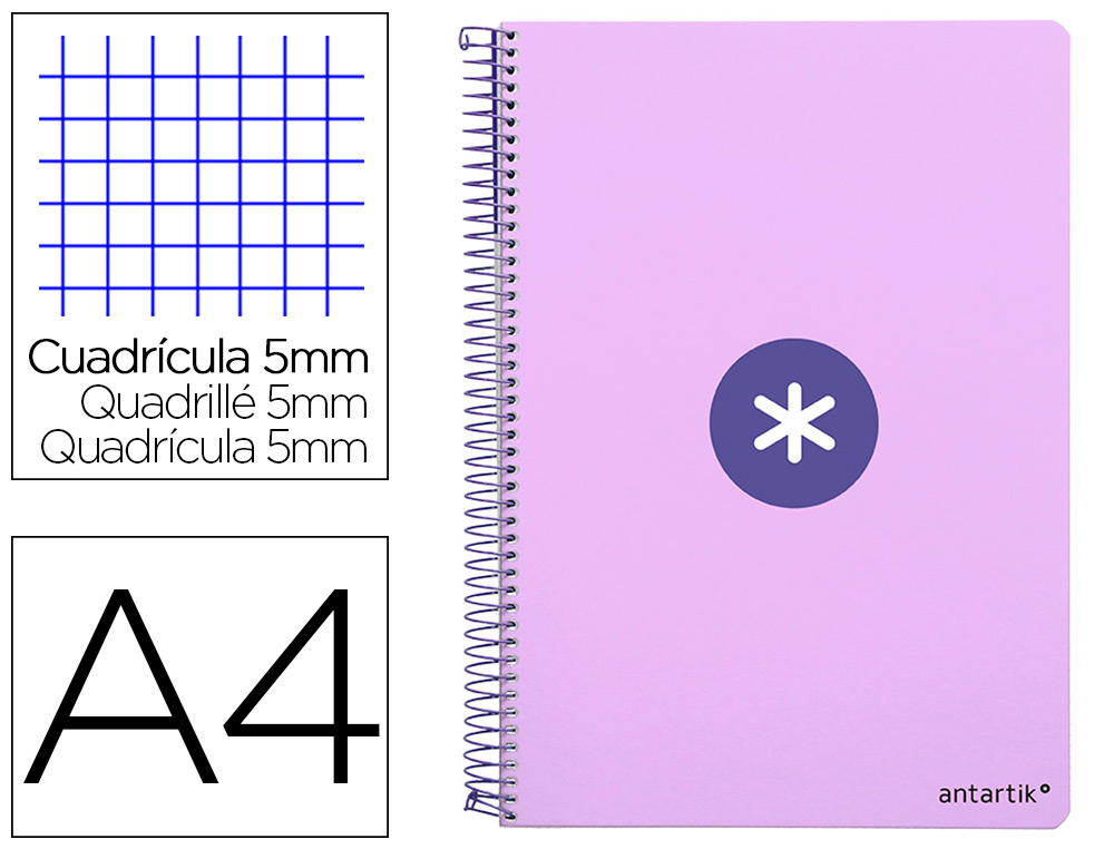 ANTARTIK - Cuaderno espiral liderpapel A4 micro tapa dura 80h 100 gr cuadro 5 mm sin bandas 4 taladros color lavanda (Ref. KB03)