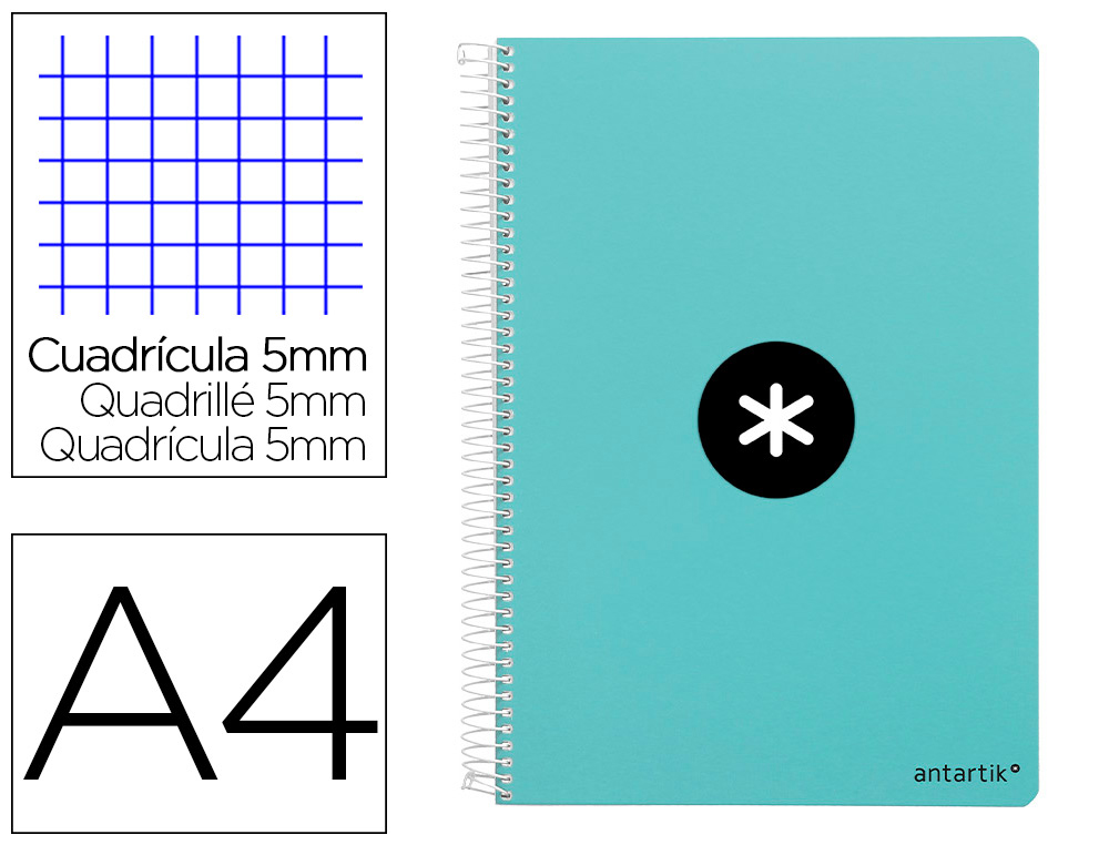 ANTARTIK - Cuaderno espiral liderpapel A4 micro tapa dura 80h 100 gr cuadro 5mm sin bandas 4 taladros color menta (Ref. KB01)