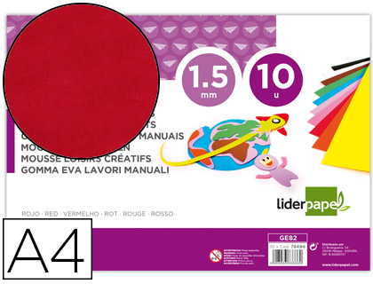 LIDERPAPEL - GOMA EVA DIN A4 60G/M2 ESPESOR 1,5MM ROJO PAQUETE DE 10 HOJAS (Ref.GE82)