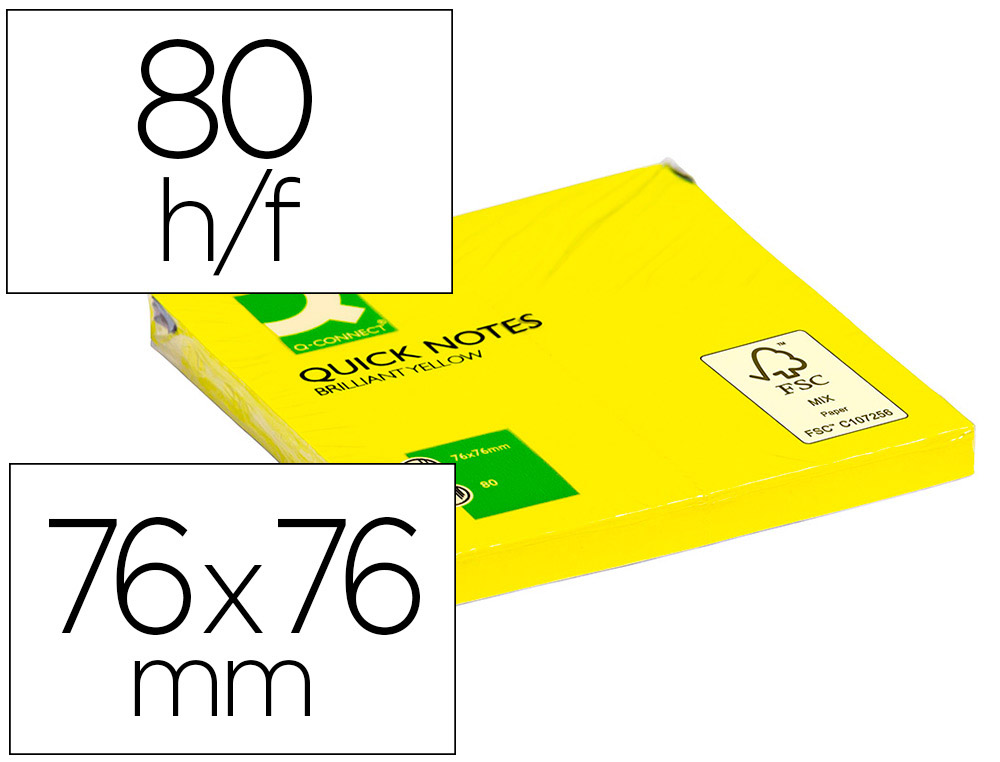 Q-CONNECT - BLOC DE NOTAS ADHESIVAS QUITA Y PON 75X75 MM AMARILLO NEON 80 HOJAS (Ref.KF10514)