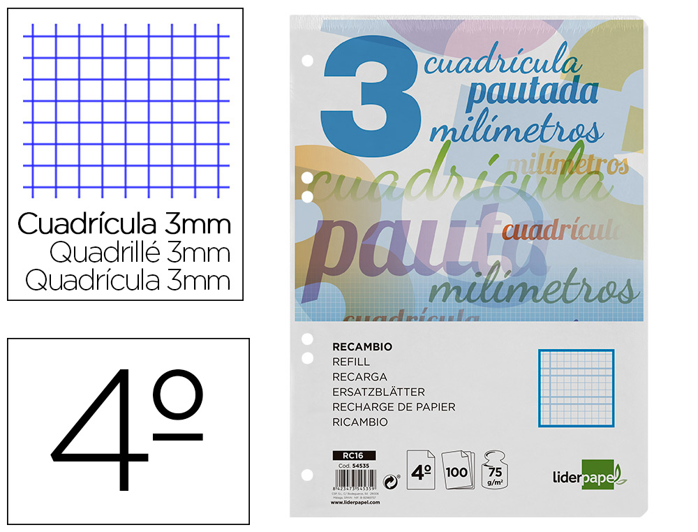LIDERPAPEL - RECAMBIO CUARTO PAUTAGUIA 100 HOJAS 70 G CUADRICULADO PAUTADO 3 MM CON MARGEN 6 TALADROS (Ref.RC16)