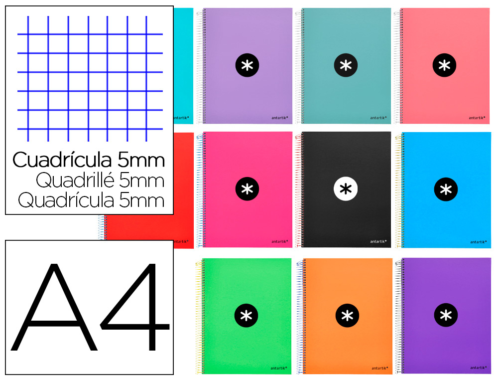ANTARTIK - CUADERNO ESPIRAL LIDERPAPEL A4 MICRO TAPA FORRADA 120H 100 GR CUADRO5MM 5 BANDAS 4 TALADROS COLORES SURTIDOS S (Ref.KD63)
